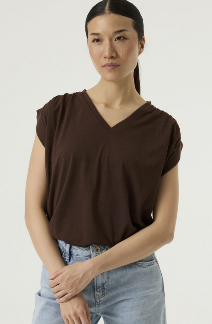 T-shirt beetje glitter v frons aan schouder 5688 earth brown