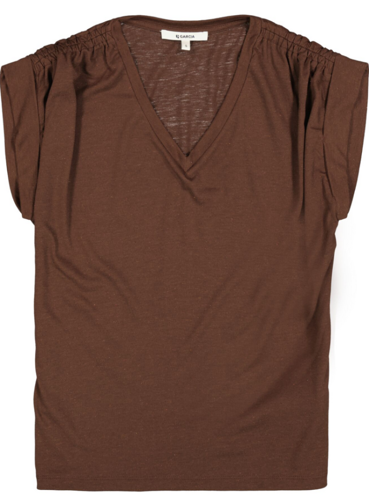 T-shirt beetje glitter v frons aan schouder 5688 earth brown 