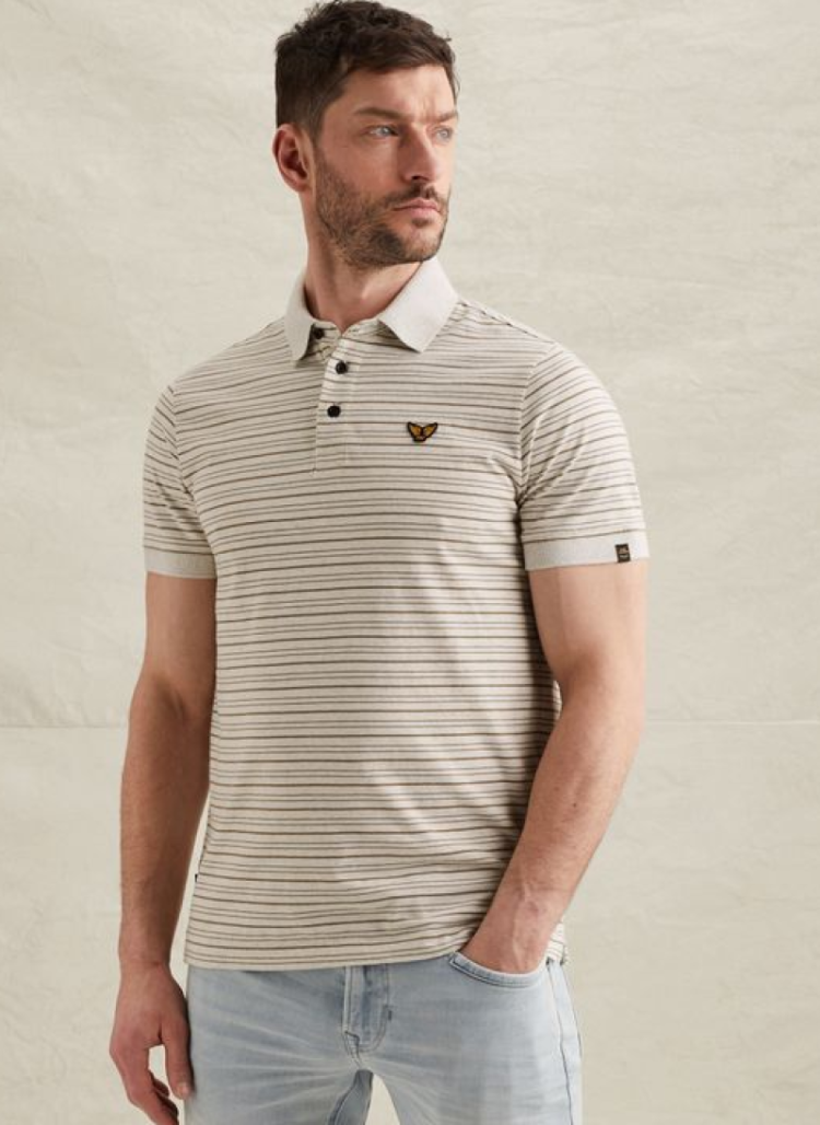 Polo fijn gestreept ecru taupe 7001