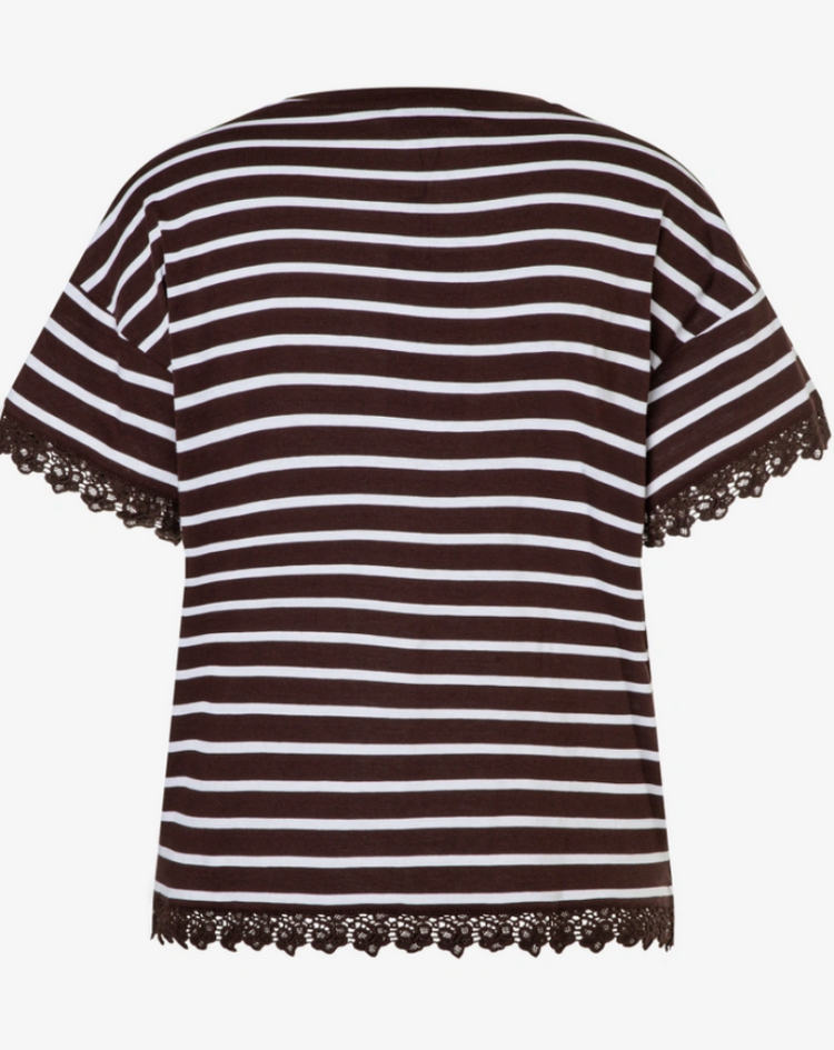 T-shirt gestreept bruin wit met kant aan boordjes 2286 jersey stripe cool chocolat