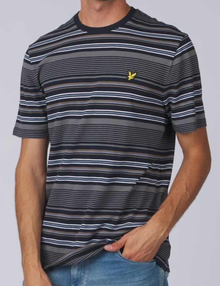 T-shirt km multistripe taupe ecru lbl dbl grijs Z271 dark navy