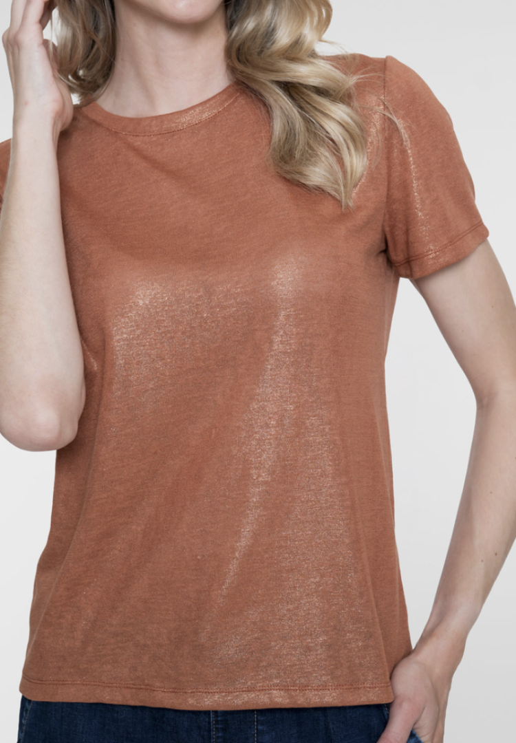 T-shirt km met glans ronde hals 000735 camel