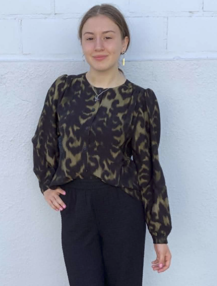 Blouse knopen ronde hals print kaki zwart 739 kaki