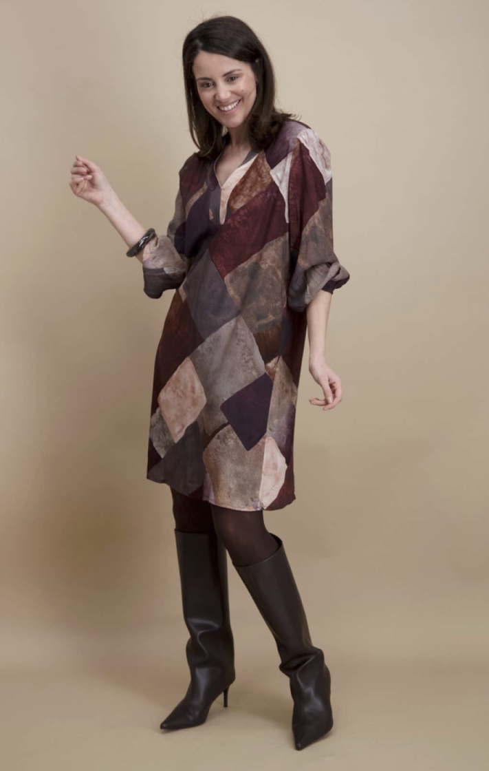 Kleed kort v lm print bordeaux zalm roest taupe 14 bordeau/rose