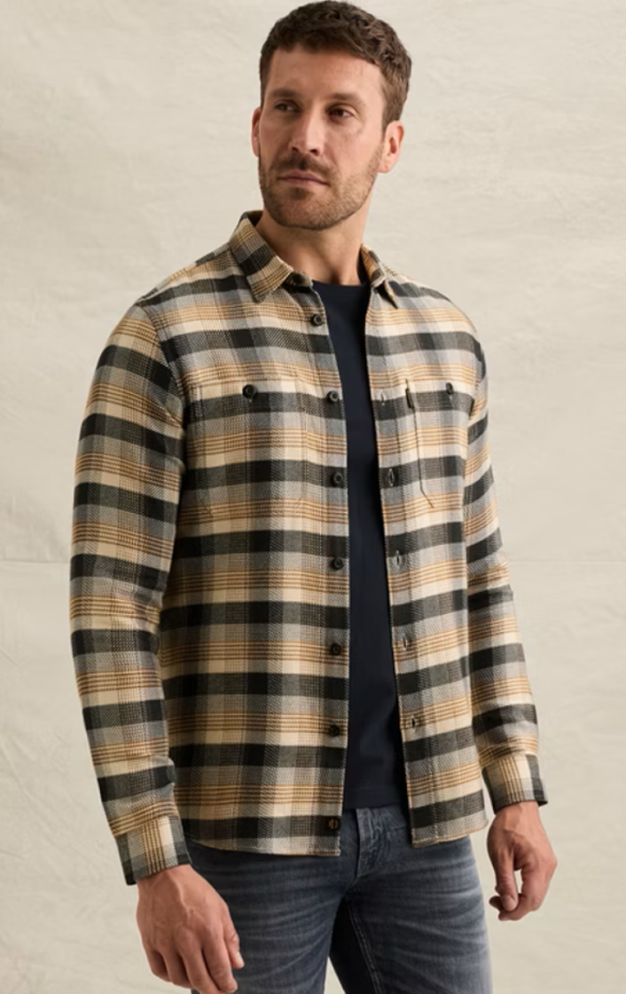 Hemd lm flannel ruiten oker grijs dbl 8187 Golden Bro