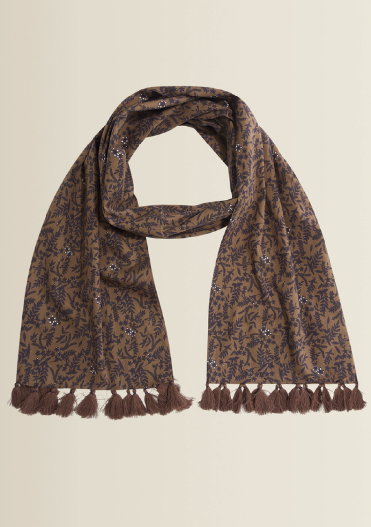 Sjaal met frengels bruin met blauw printje EX152 Rain Drum