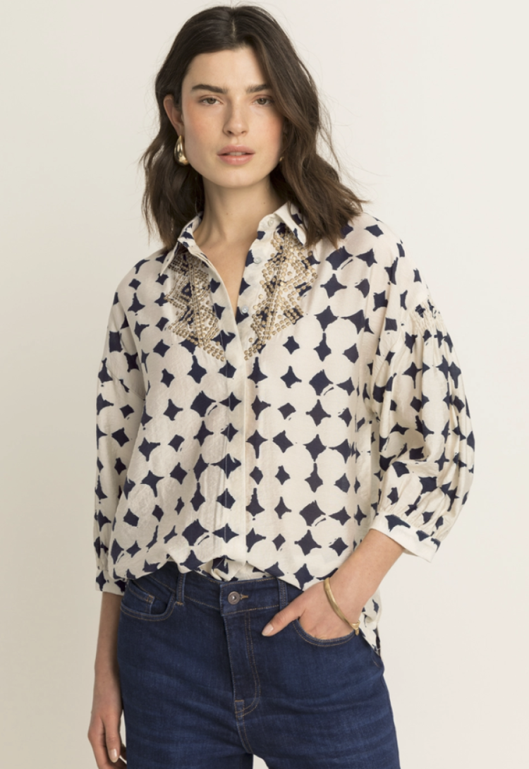 Blouse hlm ecru met donkerblauwe blokken EX395 Blue Nights