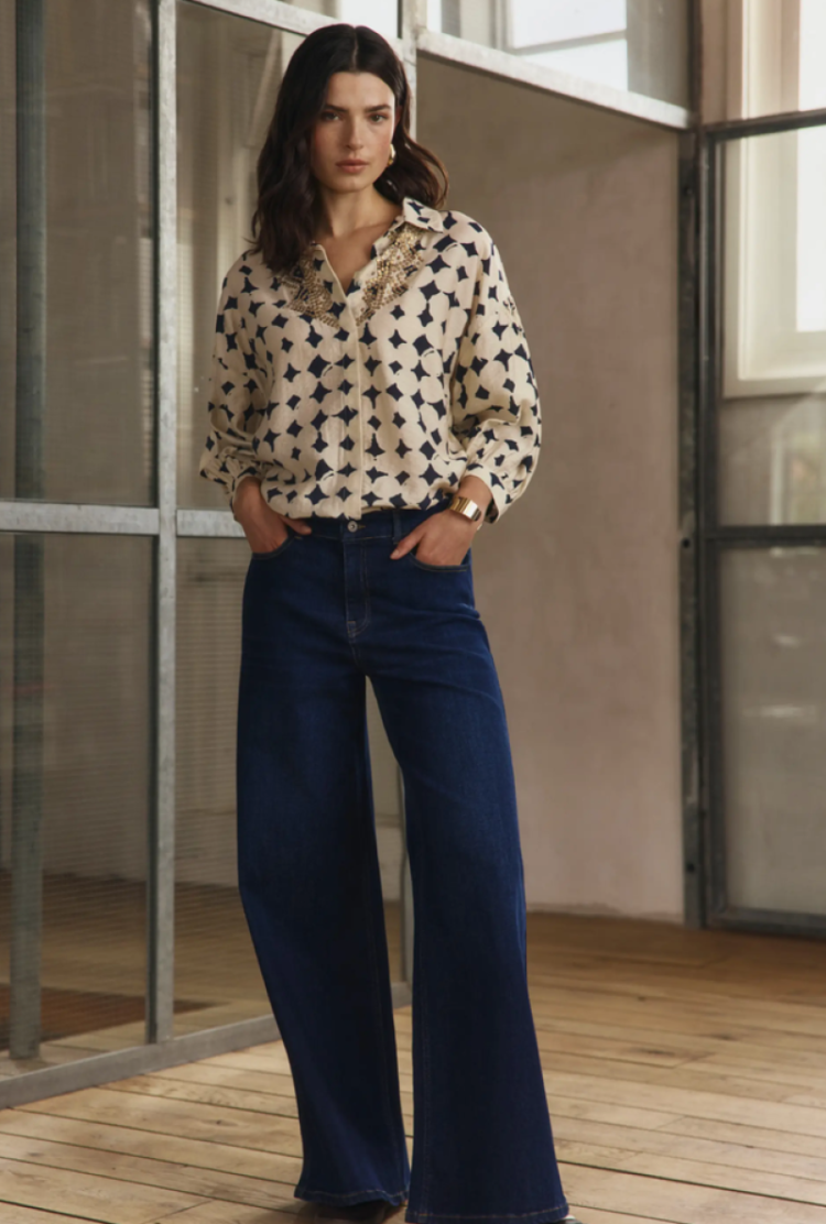 Blouse hlm ecru met donkerblauwe blokken EX395 Blue Nights