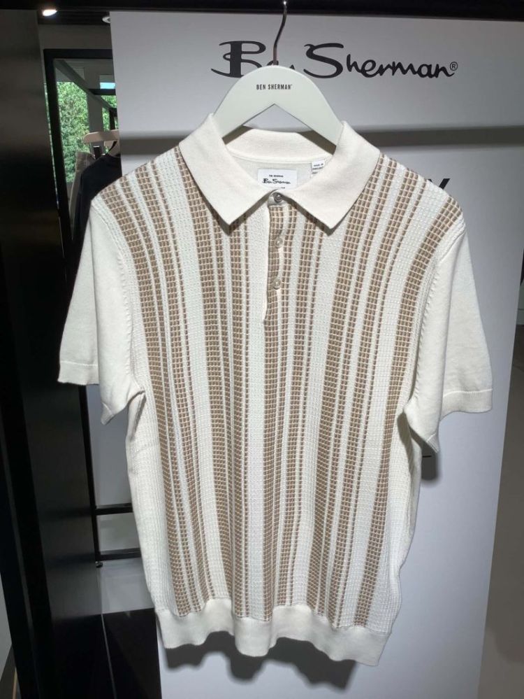 Knitted polo km ecru met camel strepen verticaal  015 Ivory