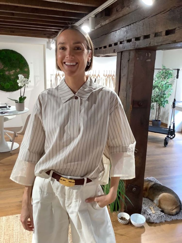 Blouse gestreept met voila onderaan 2206S Fog sand 