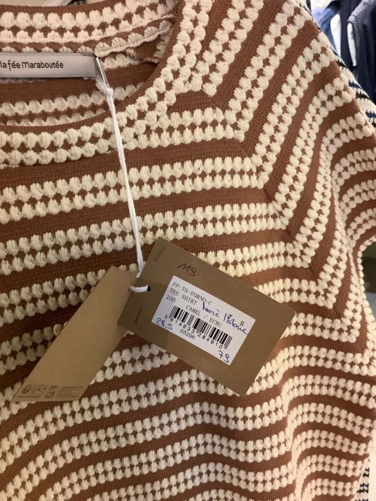 T-shirt bolletjesstrepen camel ecru 235 Camel/Ecru