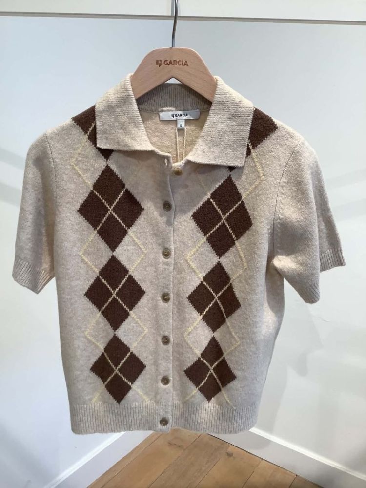 Cardigan km met kraagje en ruiten 2542-sand melee